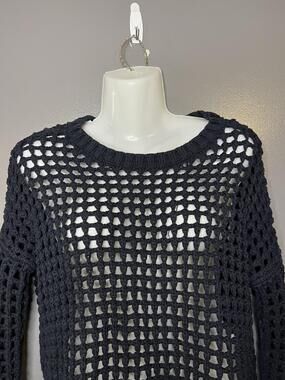 Express Sweater Womens XS Black Crochet Open Knit Crew Neck Sheer Pullover